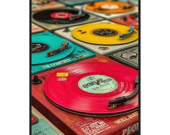 Póster enmarcado con diseño de tocadiscos de vinilo / Arte mural retro / Decoración para sala de música / Impresión colorida