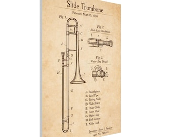 Trombone Patent Canvas | Vintage Brass Blueprint | Musician Wall Decor