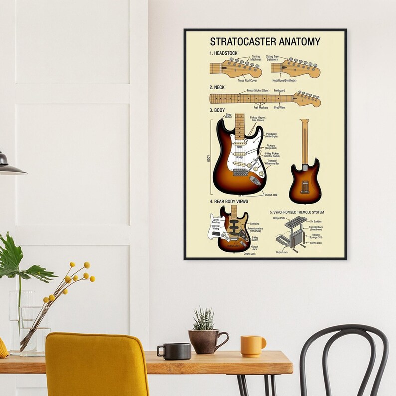 a wall-mounted poster of the Stratocaster anatomy, including the headstock, neck, body, and various components of the guitar.