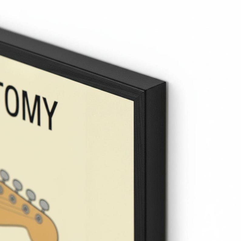 The image is a framed poster or artwork depicting the anatomy of a guitar, with a focus on the headstock and neck.