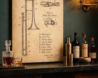 Trombone Blueprint Digital Download | Printable Wall Art | Brass Instrument Patent