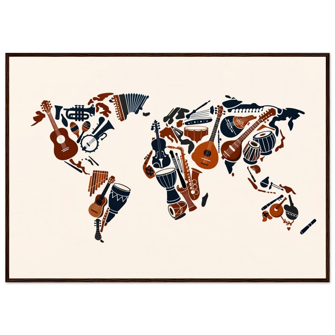 Traditional Music Instruments Map World Instruments Map | Framed Music Wall Art | Cultural Silhouette ...