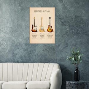 a poster of electric guitars hanging on a wall, with a white couch and a black vase with greenery in the foreground.