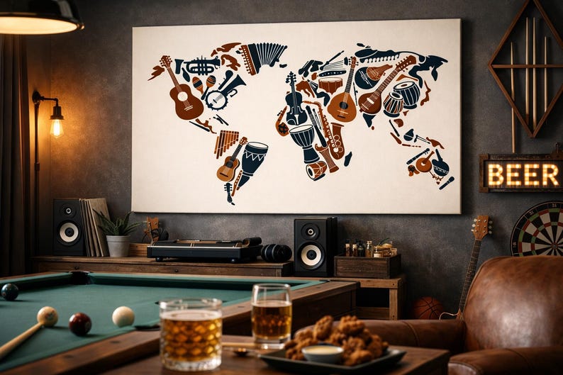 Traditional Music Instruments Map World Instruments Map Poster | Printable Wall Art | Cultural Silhouette ...