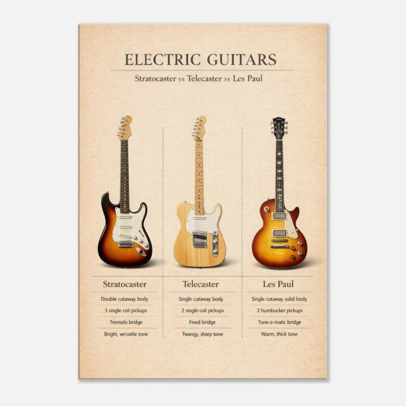 The image is a poster comparing three electric guitars: a Stratocaster, a Telecaster, and a Les Paul.