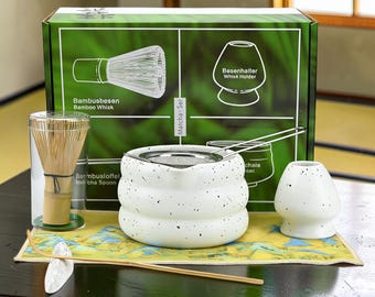 Japanese Matcha Tea Set | Ceramic Matcha Bowl Kit with Bamboo Whisk & Scoop | Multiple Colors Tea Gift Set