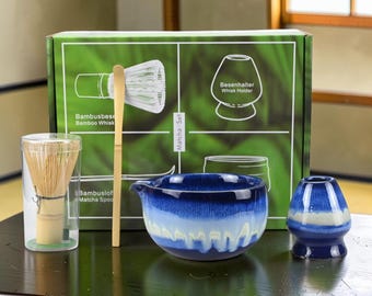 Blue Matcha Set 4 PCS, Matcha Tea Ceremony Kit, Ceramic Bowl, Bamboo Whisk, Japanese Tea Gift