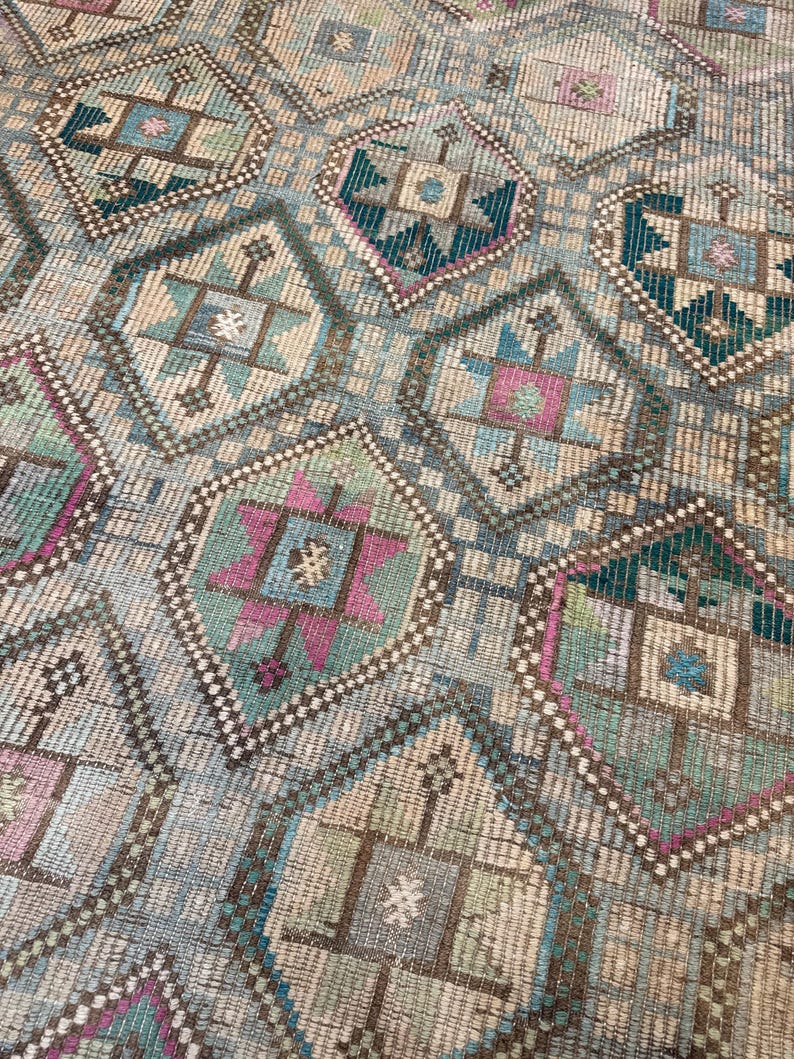 Vintage Turkish Green Kilim Rug, 7x10 Wool Cotton Rugs, Boho Tribal Carpet,Rugs for bedroom image 9