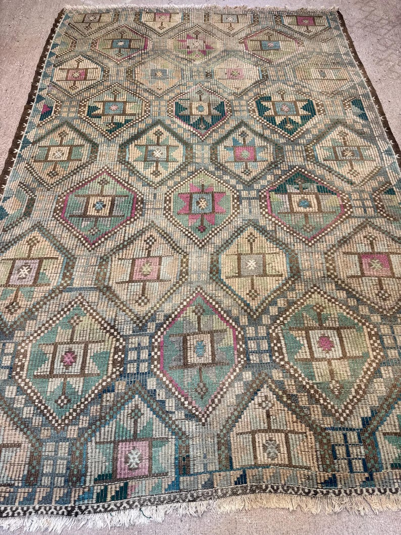 Vintage Turkish Green Kilim Rug, 7x10 Wool Cotton Rugs, Boho Tribal Carpet,Rugs for bedroom image 15