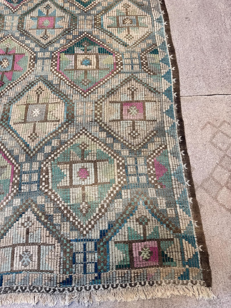 Vintage Turkish Green Kilim Rug, 7x10 Wool Cotton Rugs, Boho Tribal Carpet,Rugs for bedroom image 7