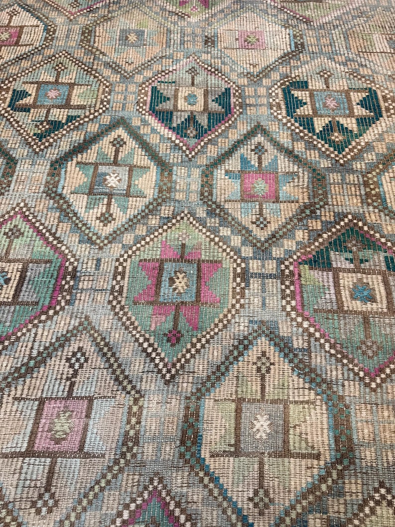 Vintage Turkish Green Kilim Rug, 7x10 Wool Cotton Rugs, Boho Tribal Carpet,Rugs for bedroom image 8