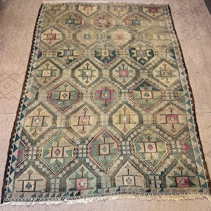 Vintage Turkish Green Kilim Rug, 7x10 Wool Cotton Rugs, Boho Tribal Carpet,Rugs for bedroom image 2