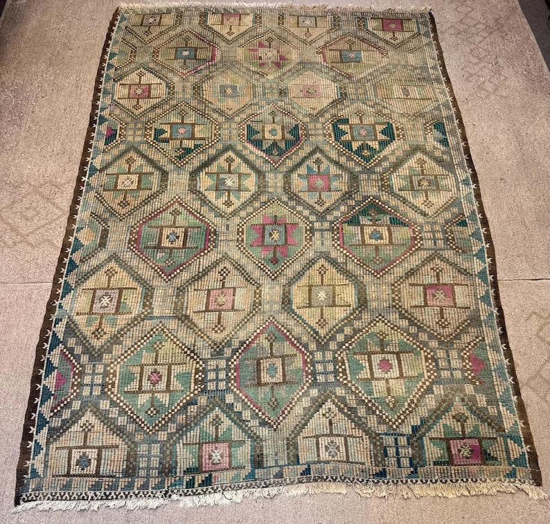 Vintage Turkish Green Kilim Rug, 7x10 Wool Cotton Rugs, Boho Tribal Carpet,Rugs for bedroom image 2