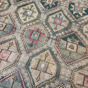 Vintage Turkish Green Kilim Rug, 7x10 Wool Cotton Rugs, Boho Tribal Carpet,Rugs for bedroom image 1