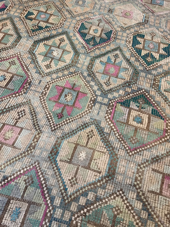Vintage Turkish Kilim Rug, 7x10 Wool Cotton  Rugs, Boho Tribal Carpet,Rugs for bedroom