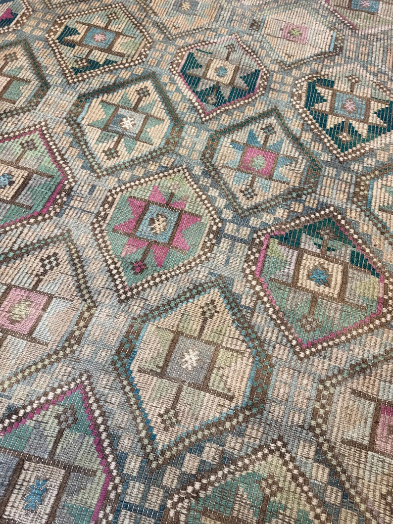 Vintage Turkish Green Kilim Rug, 7x10 Wool Cotton Rugs, Boho Tribal Carpet,Rugs for bedroom image 1