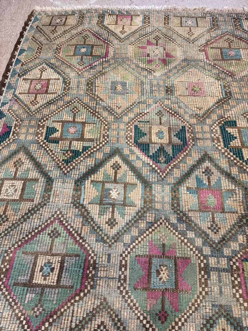 Vintage Turkish Green Kilim Rug, 7x10 Wool Cotton Rugs, Boho Tribal Carpet,Rugs for bedroom image 11