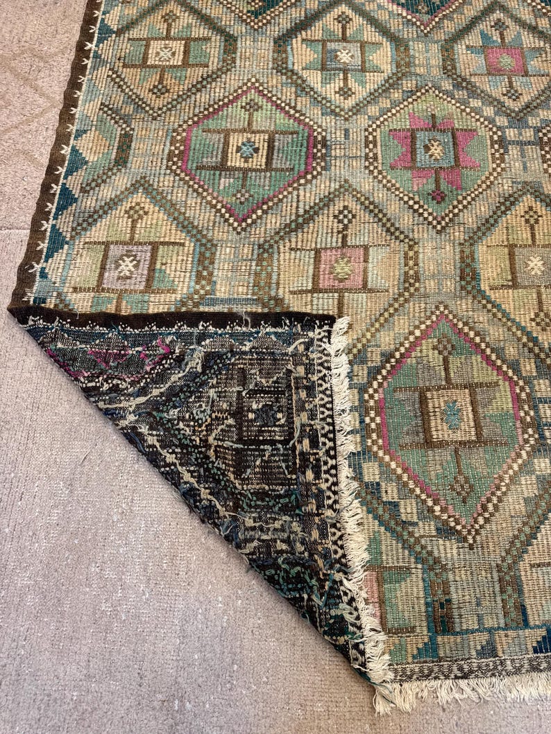 Vintage Turkish Green Kilim Rug, 7x10 Wool Cotton Rugs, Boho Tribal Carpet,Rugs for bedroom image 16