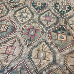 Vintage Turkish Green Kilim Rug, 7x10 Wool Cotton Rugs, Boho Tribal Carpet,Rugs for bedroom image 12