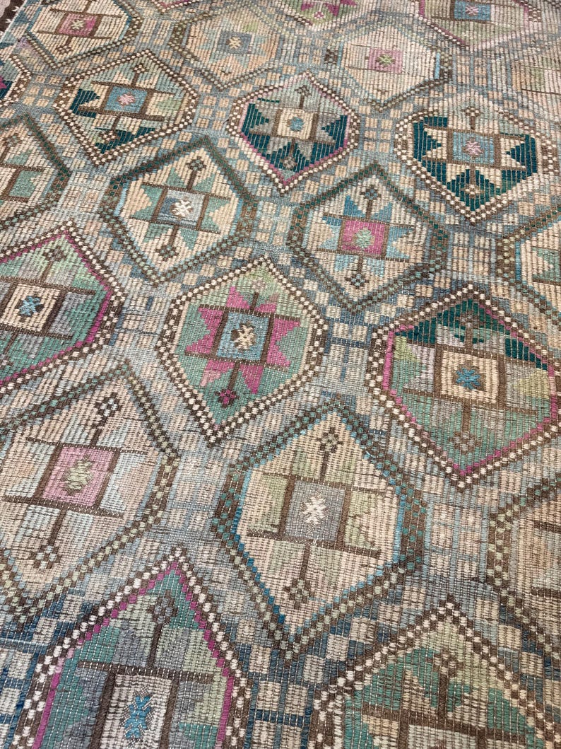 Vintage Turkish Green Kilim Rug, 7x10 Wool Cotton Rugs, Boho Tribal Carpet,Rugs for bedroom image 12