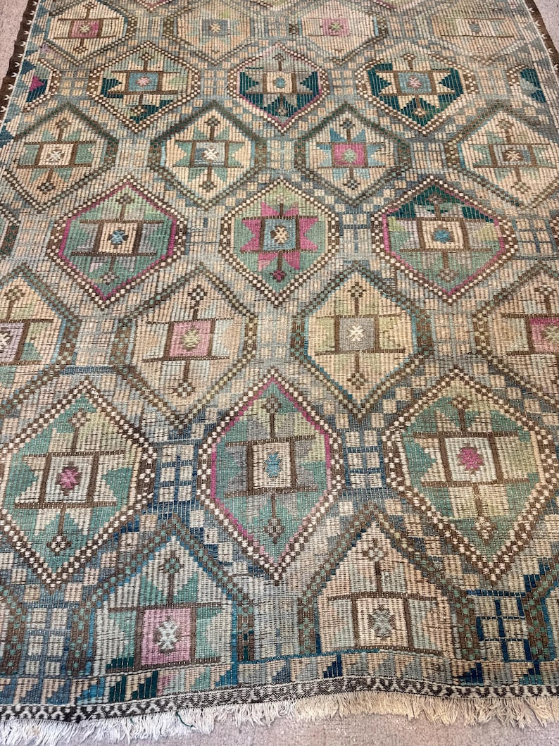 Vintage Turkish Green Kilim Rug, 7x10 Wool Cotton Rugs, Boho Tribal Carpet,Rugs for bedroom image 14