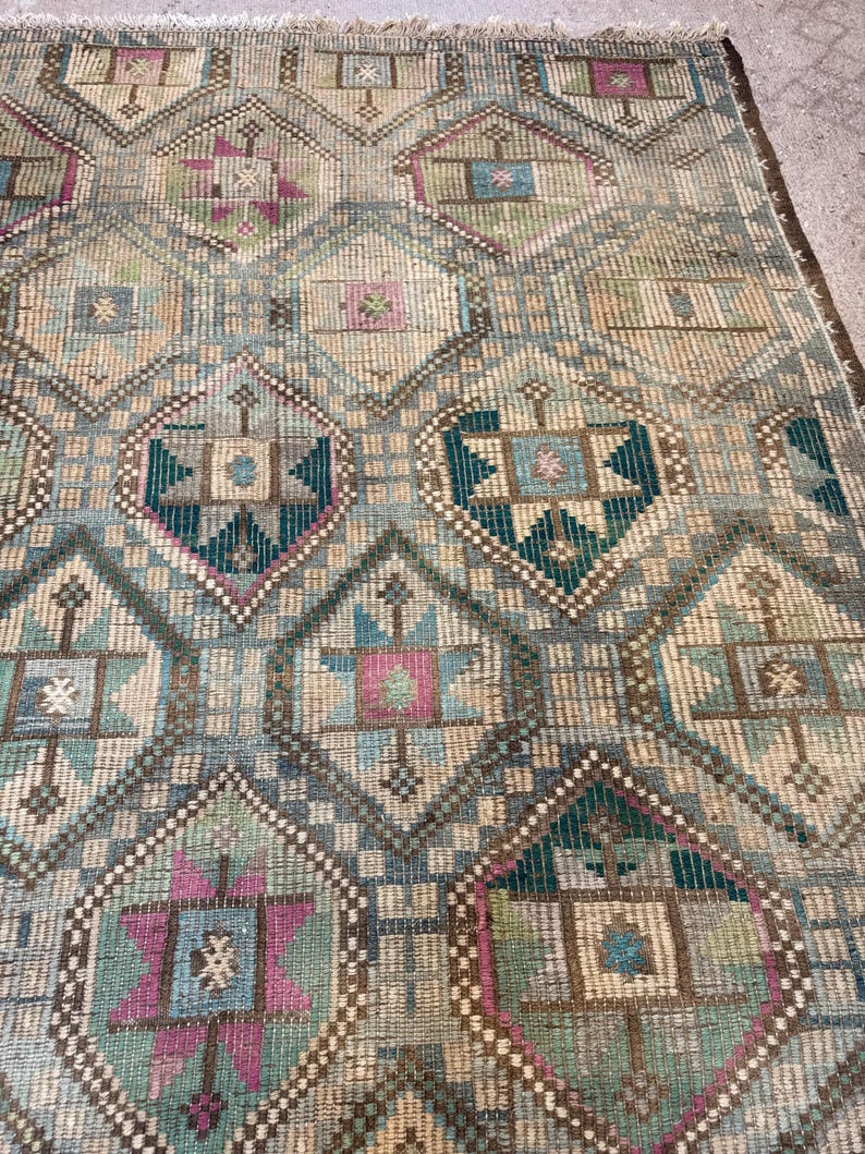 Vintage Turkish Green Kilim Rug, 7x10 Wool Cotton Rugs, Boho Tribal Carpet,Rugs for bedroom image 10