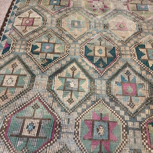 Vintage Turkish Green Kilim Rug, 7x10 Wool Cotton Rugs, Boho Tribal Carpet,Rugs for bedroom image 4