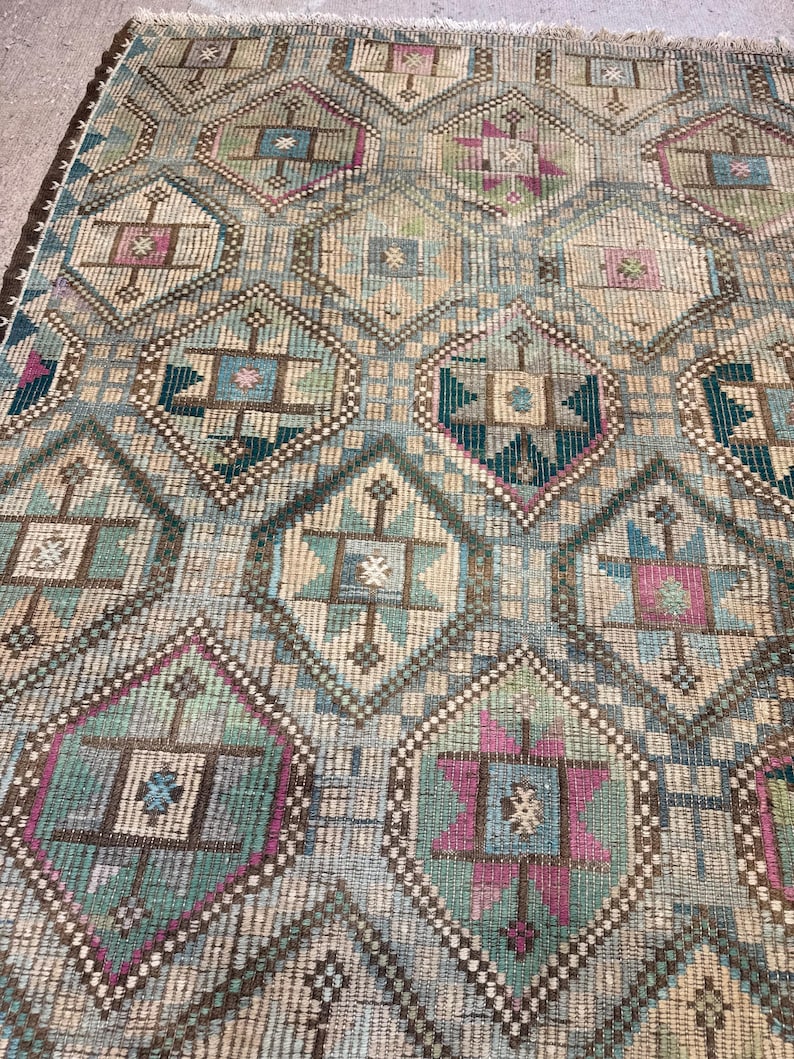 Vintage Turkish Green Kilim Rug, 7x10 Wool Cotton Rugs, Boho Tribal Carpet,Rugs for bedroom image 4