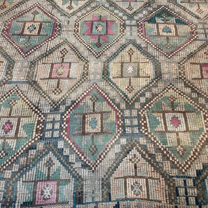 Vintage Turkish Green Kilim Rug, 7x10 Wool Cotton Rugs, Boho Tribal Carpet,Rugs for bedroom image 6