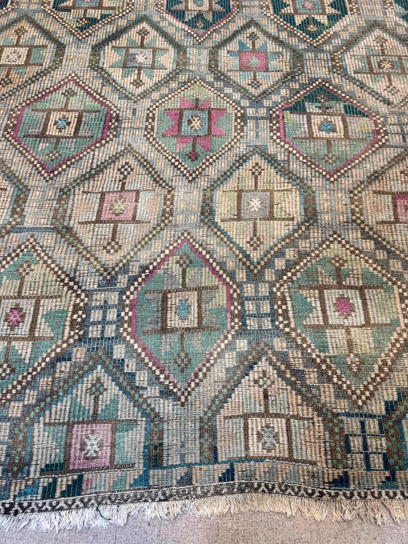Vintage Turkish Green Kilim Rug, 7x10 Wool Cotton Rugs, Boho Tribal Carpet,Rugs for bedroom image 6