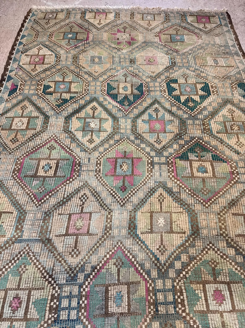 Vintage Turkish Green Kilim Rug, 7x10 Wool Cotton Rugs, Boho Tribal Carpet,Rugs for bedroom image 13