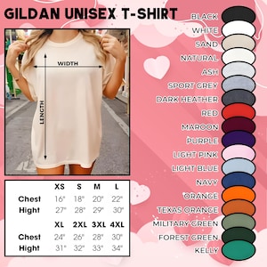 K&ouml;nnte beinhalten: Ein Gildan Unisex-T-Shirt in einer neutralen Farbe, mit Gr&ouml;&szlig;entabelle und Farbauswahl. Die Brustma&szlig;e des Shirts reichen von 40.6 bis 76.2 cm, und die H&ouml;he von 68.6 bis 86.4 cm. Verf&uuml;gbare Farben sind Schwarz, Wei&szlig; und Orange.