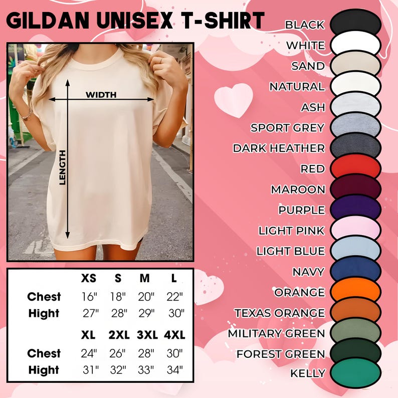K&ouml;nnte beinhalten: Ein Gildan Unisex-T-Shirt in einer neutralen Farbe, mit Gr&ouml;&szlig;entabelle und Farbauswahl. Die Brustma&szlig;e des Shirts reichen von 40.6 bis 76.2 cm, und die H&ouml;he von 68.6 bis 86.4 cm. Verf&uuml;gbare Farben sind Schwarz, Wei&szlig; und Orange.