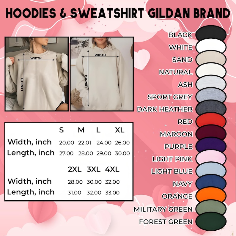 K&ouml;nnte beinhalten: Bild zeigt Hoodies und Sweatshirts der Marke Gildan. Gr&ouml;&szlig;entabellen mit Ma&szlig;en in Zoll f&uuml;r Breite und L&auml;nge, von S bis 4XL. Eine Farbpalette zeigt Optionen wie Schwarz, Wei&szlig; und Marineblau. Ma&szlig;e sind in Zoll angegeben.