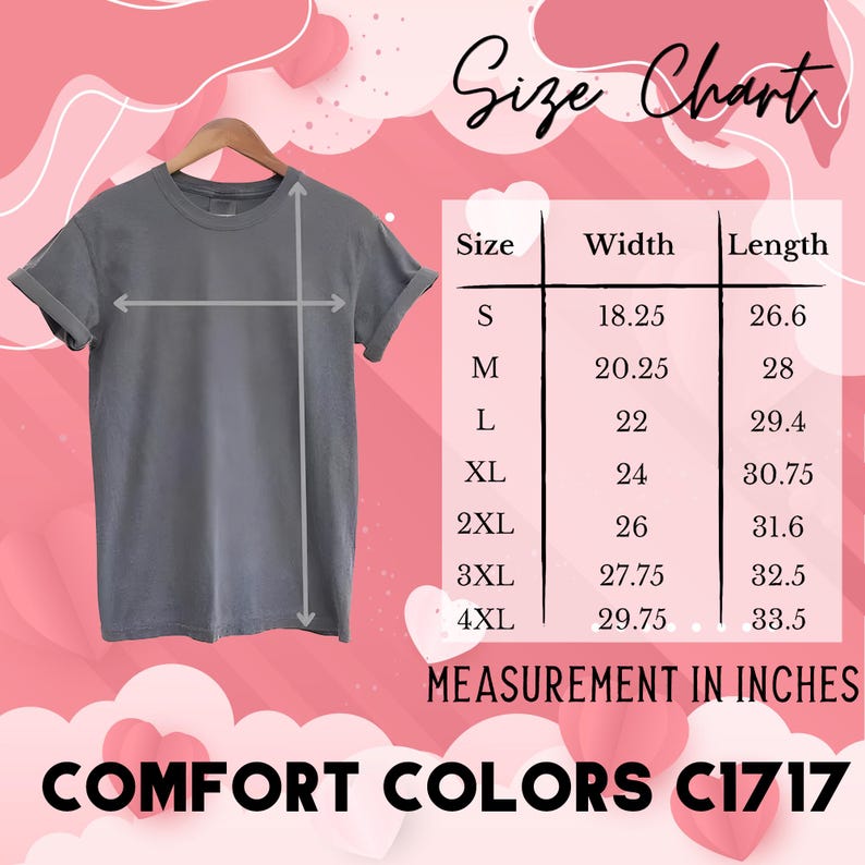 K&ouml;nnte beinhalten: Ein graues T-Shirt auf einem Holzb&uuml;gel, mit einer Gr&ouml;&szlig;entabelle, die Ma&szlig;e in Zoll anzeigt. Die Tabelle enth&auml;lt die Gr&ouml;&szlig;en S bis 4XL mit Breiten- und L&auml;ngenma&szlig;en. Der Text "COMFORT COLORS C1717" befindet sich unten.