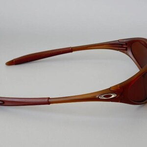 May include: Brown sunglasses with a curved frame and tinted lenses. The temples are a darker brown than the frame and feature a silver logo. The sunglasses are designed for outdoor use.