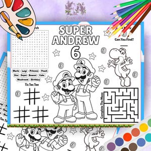 Könnte beinhalten: Ein Aktivitätsblatt zum Thema Super Mario für eine Geburtstagsfeier. Das Blatt zeigt Mario- und Luigi-Charaktere, ein Labyrinth, Tic-Tac-Toe und ein Wortsuchrätsel. Der Text enthält "Super Andrew 6" und "Can You Find?" mit farbigen Bleistiften und einer Aquarellpalette.