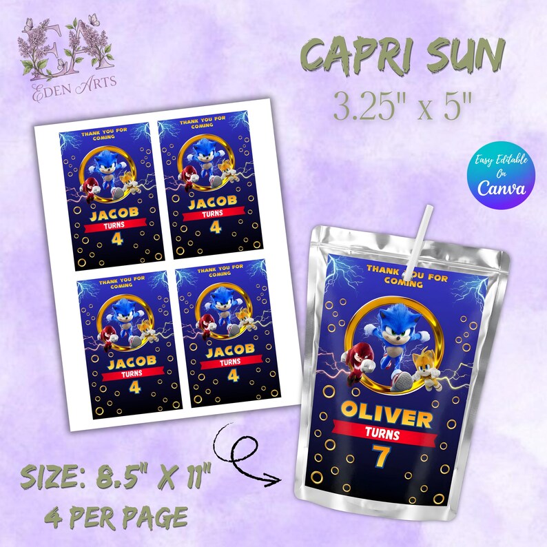 Editable Sonic Capri Sun Label, Sonic Hedgehog Birthday Party Favor ...