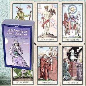 May include: A deck of "The Alchemical Tarot: Renewed" cards in a blue box. The box text reads "6th Edition" and "the blue sky edition - with 80 cards". Several tarot cards are visible, featuring illustrations of figures and symbols.