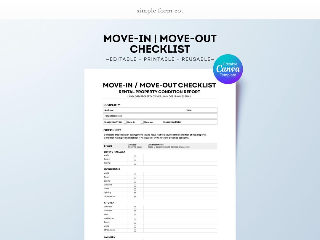 Simple Move Out Checklist Move-in/out Inspection Checklist | Landlord Property Condition Form ...