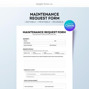 Maintenance Request Form Template | Editable Canva Document for Landlords & Property Owners