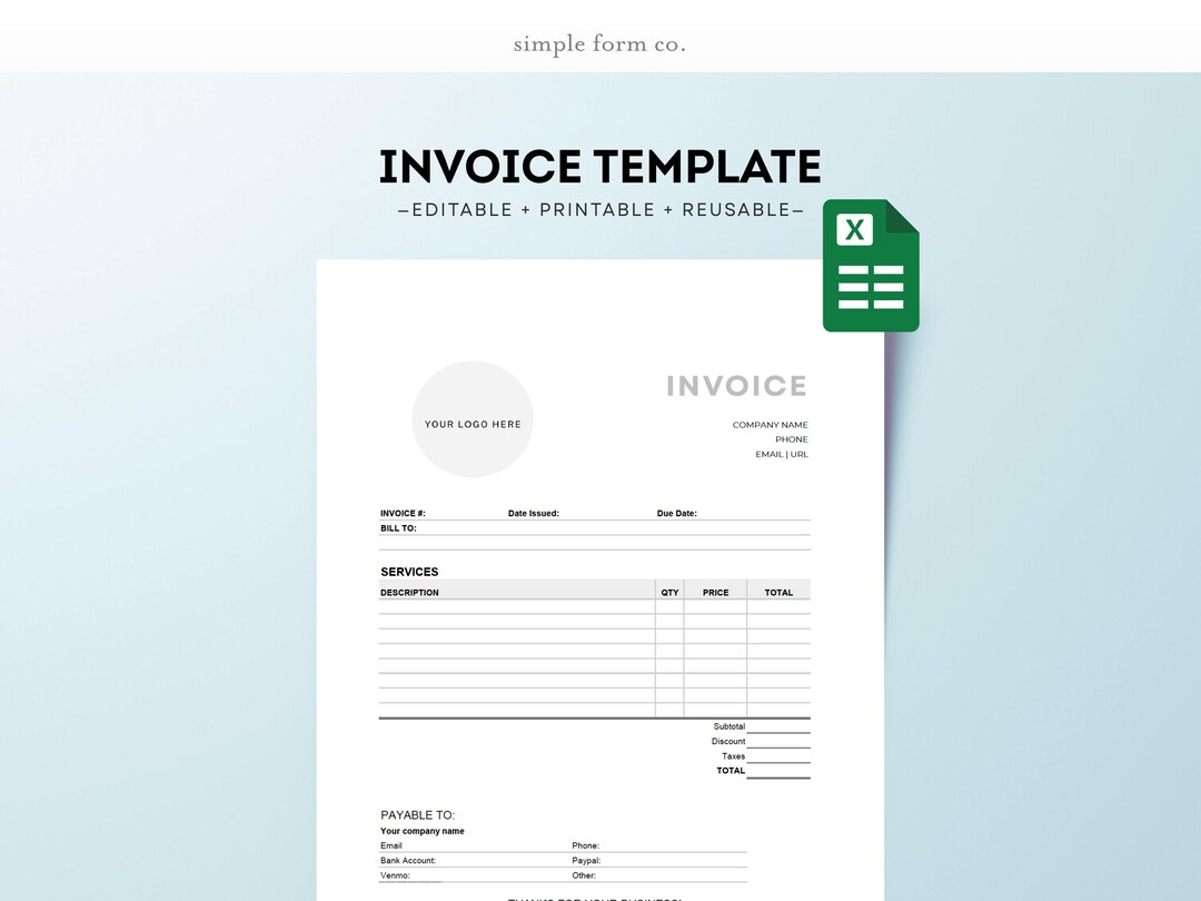 Editable Invoice Template for Excel – Small Business, Freelancer ...