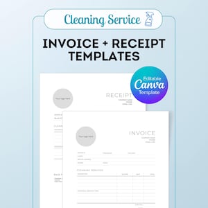 May include: A digital image featuring invoice and receipt templates for a cleaning service. The design includes the text "Cleaning Service" and "INVOICE + RECEIPT TEMPLATES". The templates are white with gray accents and include areas for a logo and service details.