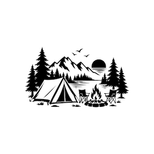 May include: A black and white graphic illustration featuring a camping scene with a tent, two folding chairs, and a campfire. The background displays a lake, a forest of pine trees, a mountain range, a setting sun, and birds in the sky.