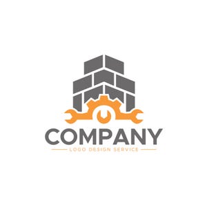 May include: A graphic logo featuring a gray brick wall structure positioned above an orange gear and wrench icon. Below the icon, the word COMPANY is printed in large gray capital letters, with the text LOGO DESIGN SERVICE underneath.