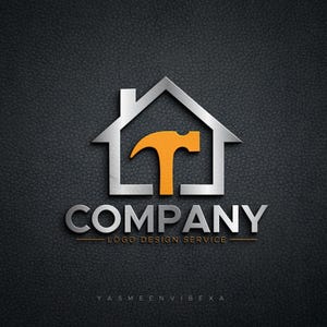 May include: A silver house outline logo featuring an orange hammer icon inside. Below the icon, the word COMPANY is written in silver capital letters, followed by the text LOGO DESIGN SERVICE and the name YASMEEN VIBEXA in smaller font.