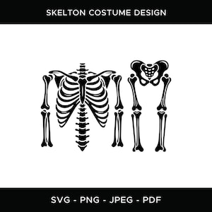 May include: A black and white graphic design titled SKELTON COSTUME DESIGN. The image features a stylized black silhouette of a human rib cage, spine, arm bones, pelvic bone, and leg bones. The bottom text reads SVG - PNG - JPEG - PDF.