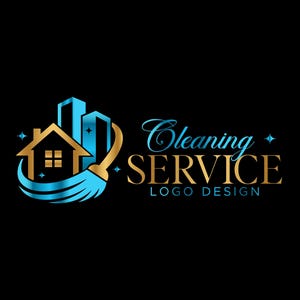 Puede incluir: Diseño de logotipo para un servicio de limpieza, con una casa y rascacielos en verde azulado y dorado, con una escoba verde azulado. Las palabras "Cleaning Service Logo Design" están en oro y verde azulado.