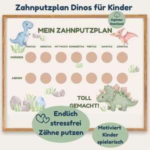 Könnte beinhalten: Ein gerahmter Zahnputzplan für Kinder mit Aquarell-Dinosauriern. Der Plan hat Felder für das tägliche Zähneputzen, mit deutschem Text. Er soll Kinder motivieren, sich die Zähne zu putzen.