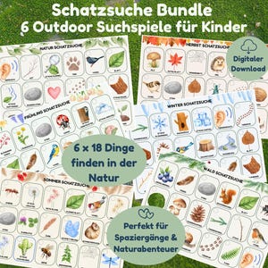 Könnte beinhalten: Ein Bundle mit sechs Outdoor-Suchspielen für Kinder, mit illustrierten Karten mit Naturmotiven. Die Karten sind mit deutschem Text beschriftet und beinhalten eine digitale Download-Option. Die Spiele sind für Outdoor-Abenteuer konzipiert.